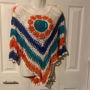 Crochet Poncho with Floral Medallion in Cream, Teal & Orange